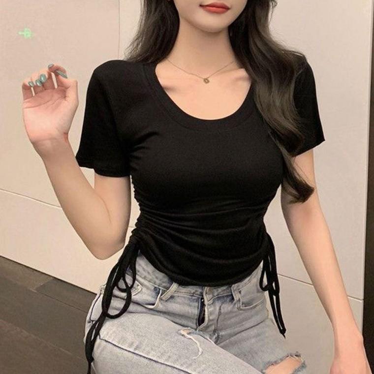 여성 2컬러 스트링 옆셔링 포인트 여름 반팔티셔츠
