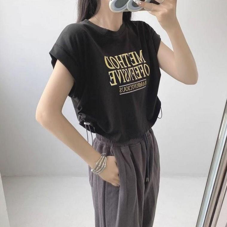 여성 2컬러 여름 심플 레터링 셔링 민소매 나시티셔츠