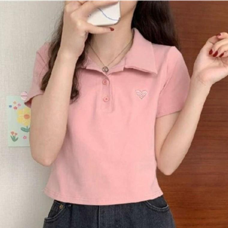 여성 자수 크롭 카라 반팔티 1P 캡소매 여름 티셔츠