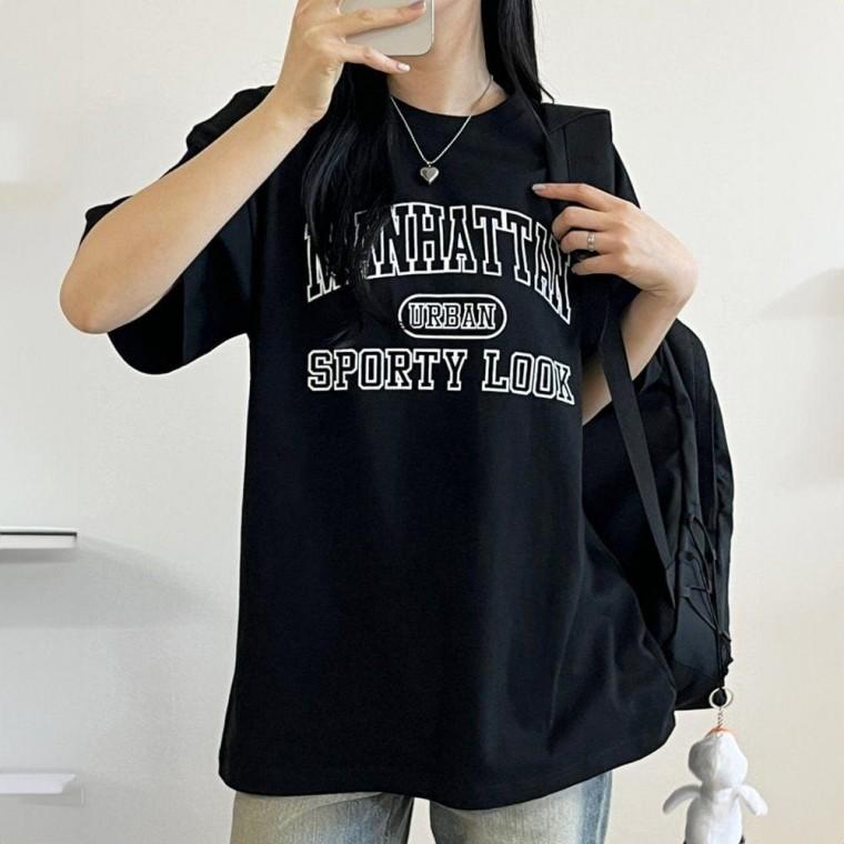 여성 오버핏 순 면 여름 레터링 반팔 티 셔츠 블랙