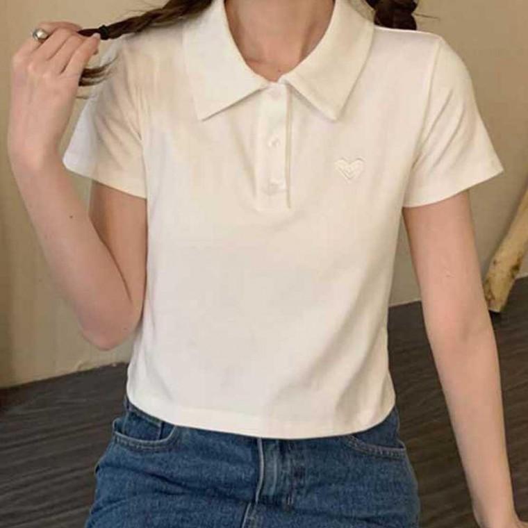 여자 여름 데일리 출근 룩 반팔 카라 크롭 티셔츠