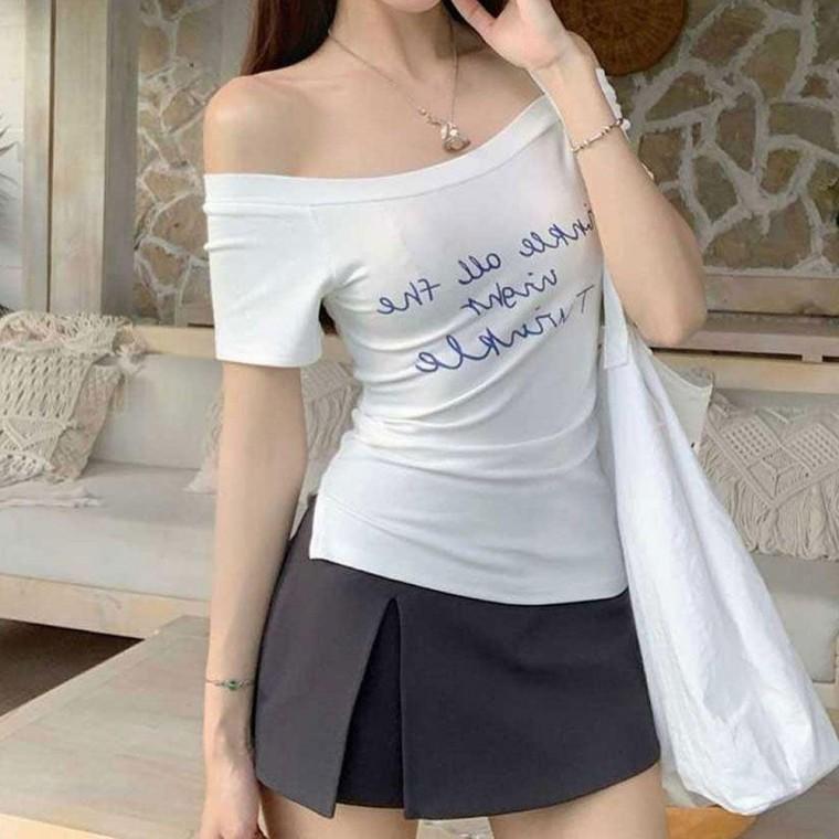 여자 오프숄더 레터링 슬림핏 립 반팔 티셔츠 여름 패션티