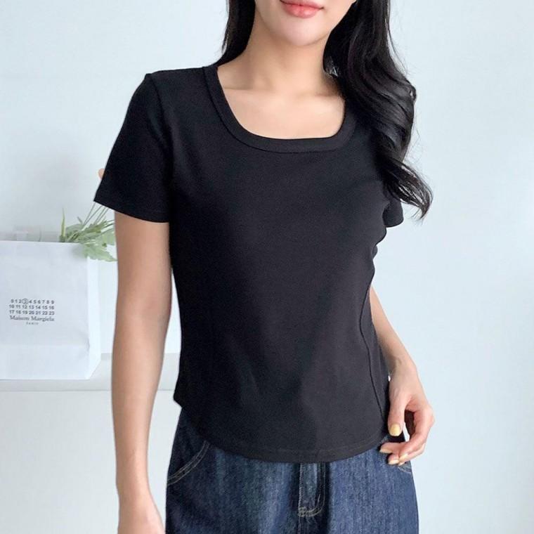 여자 스퀘어넥 슬림핏 절개 반팔 티셔츠 여름 무지티
