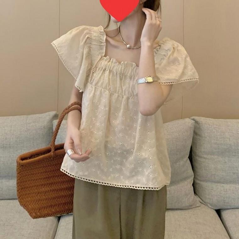 스퀘어넥 펀칭 블라우스 보 여름 레이스 여자 팔뚝살