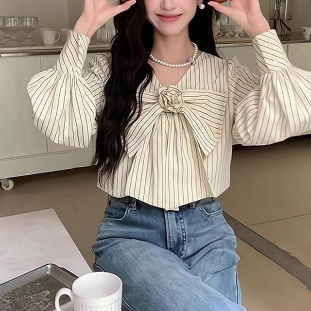 리본 여름 셔츠 스트라이프 러블리 여성 페미닌 블라우스