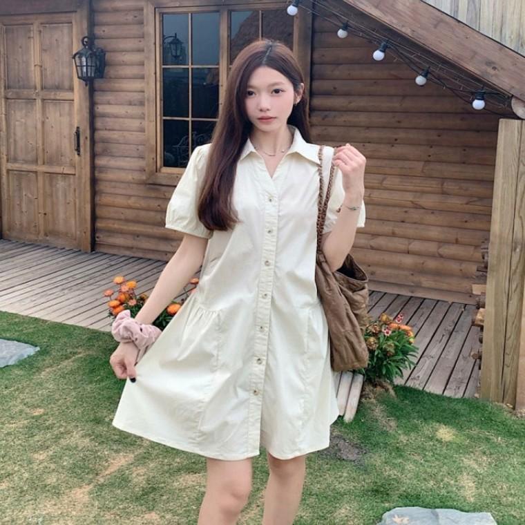 여자 카라 셔링 반팔 3컬러 루즈핏 여름 셔츠 원피스