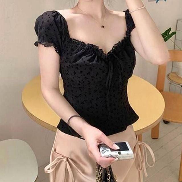 블라우스 상의 반팔 리본 레이스 여성 여름 페미닌