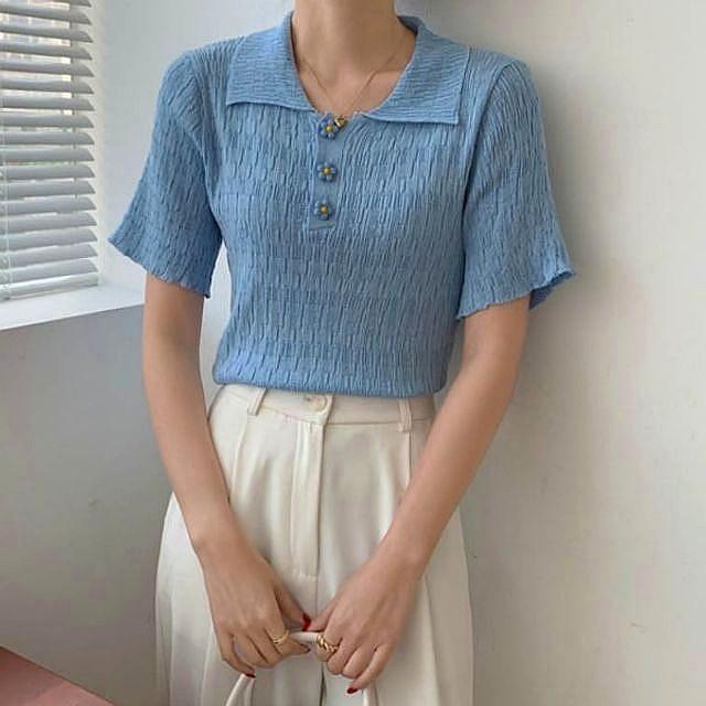 꽃단추 반팔티 카라 여름 여성 피케이 시원한 티셔츠