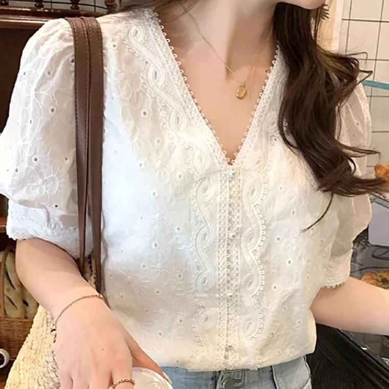 블라우스 화이트 여성 여름 반팔 레이스 브이넥 퍼프소매