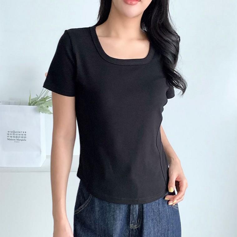 절개 무지 스퀘어넥 반팔티 여름 포인트 여성 티셔츠