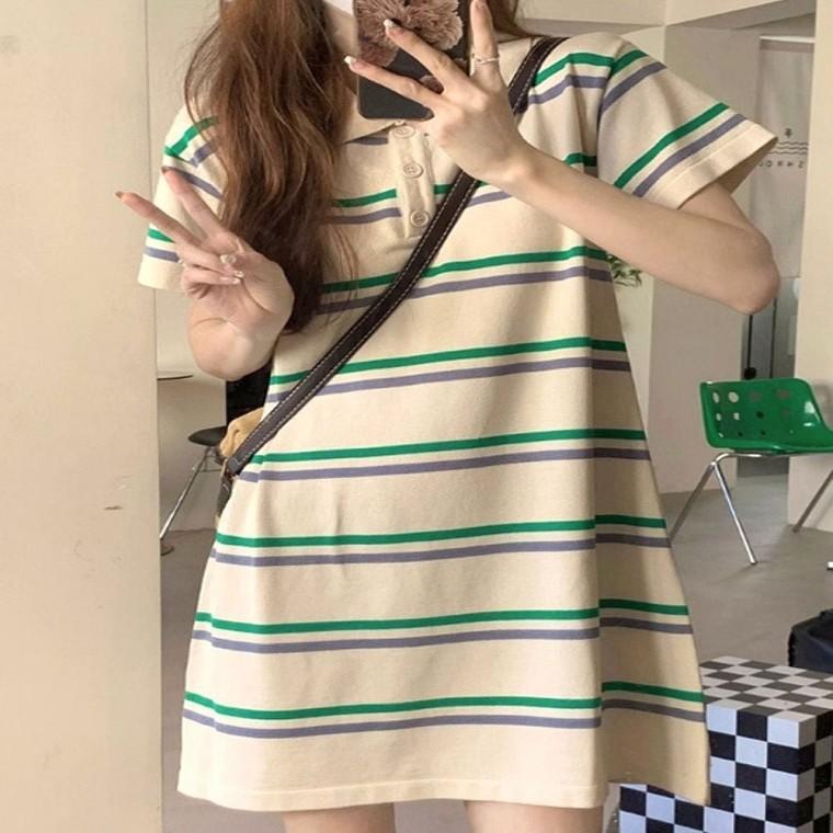 스트라이프 배색 반팔카라 원피스 꾸안꾸 여성 여름