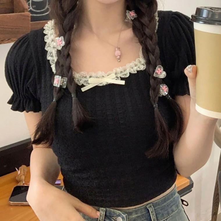 스퀘어넥 여성 티셔츠 레이스 상의 퍼프 크롭 여름 반팔 3색