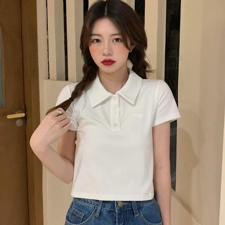 카라 세미크롭 3컬러 여름 여자 자수 반팔 티셔츠