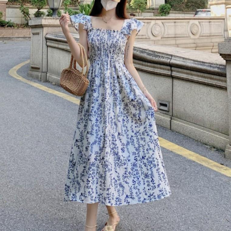 여성 여름 오프숄더 어깨 프릴 스모크 밴딩 롱 원피스