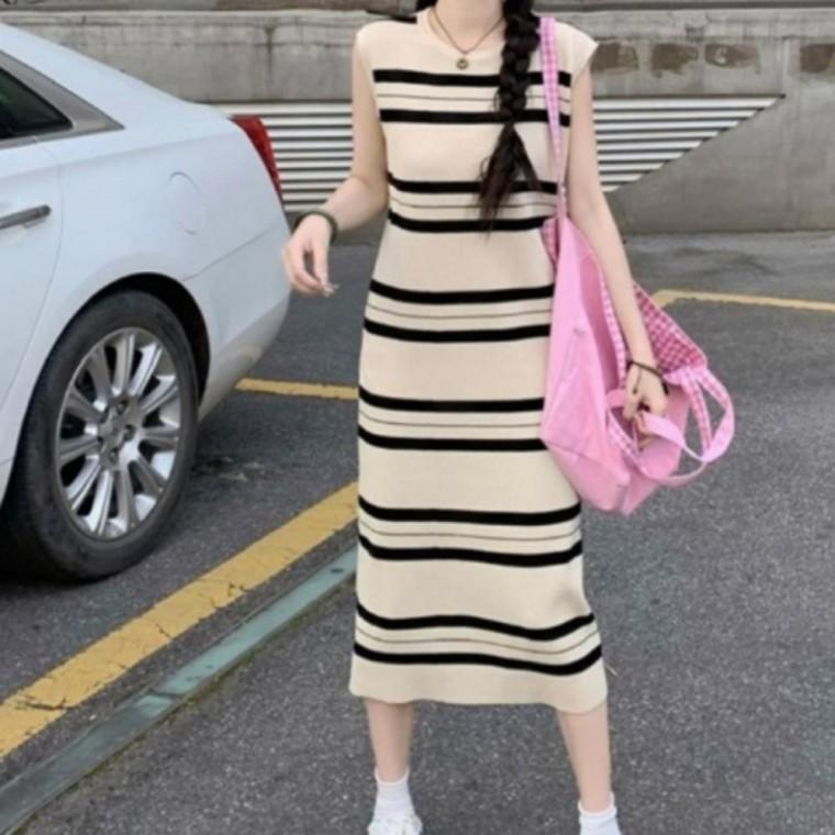 스트라이프 민소매 롱원피스 여름 꾸안꾸룩 줄무늬 비치 원피스