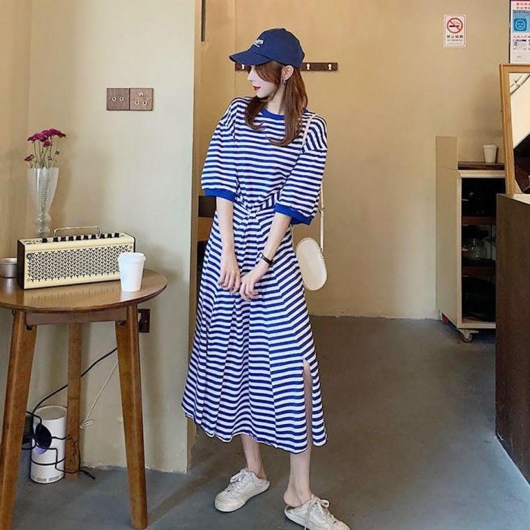 여름 라운드 단가라 5부 루즈핏 트임 롱원피스 2컬러