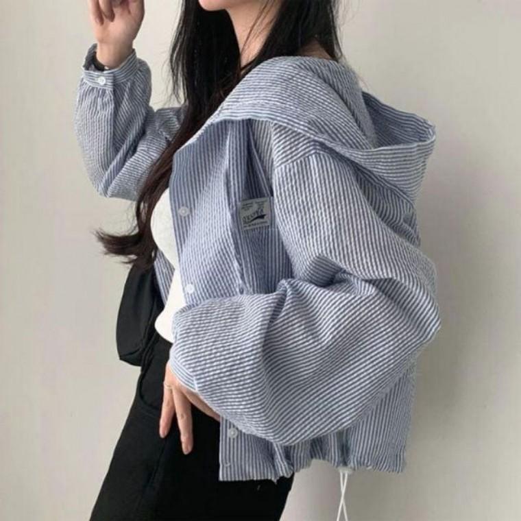 시어서커 후드 자켓 세미 크롭 바람막이 점퍼 후디 잠바 아우터 비치 봄 여름