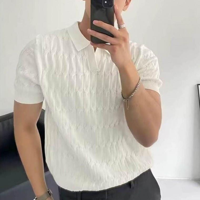 남자 여름 캐주얼 꼬임 카라 데일리 니트 반팔 티셔츠