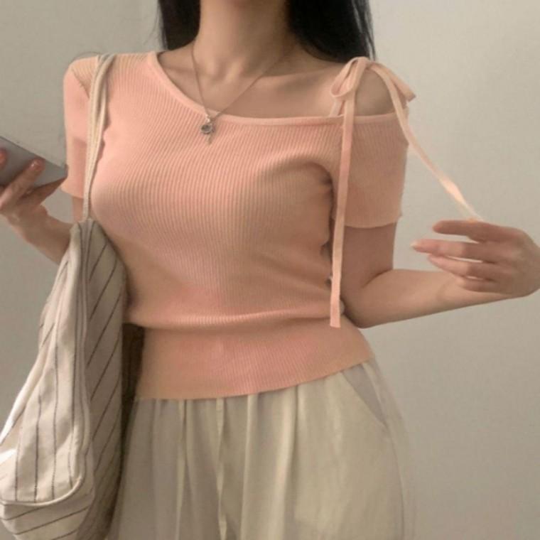 언발 오프숄더 리본끈오프 여름 반팔 니트티셔츠