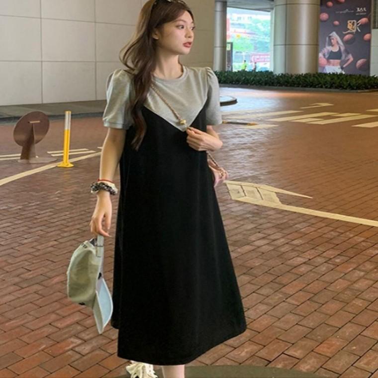 블랙 여름 티셔츠 뷔스티에 반팔 롱원피스