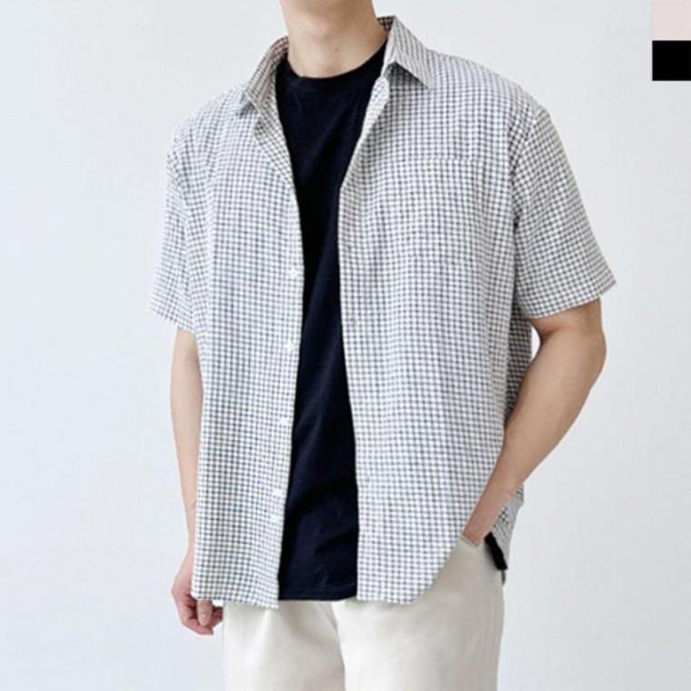 남성 체크 반팔 카라 셔츠 1P 데일리 여름 남방 패션
