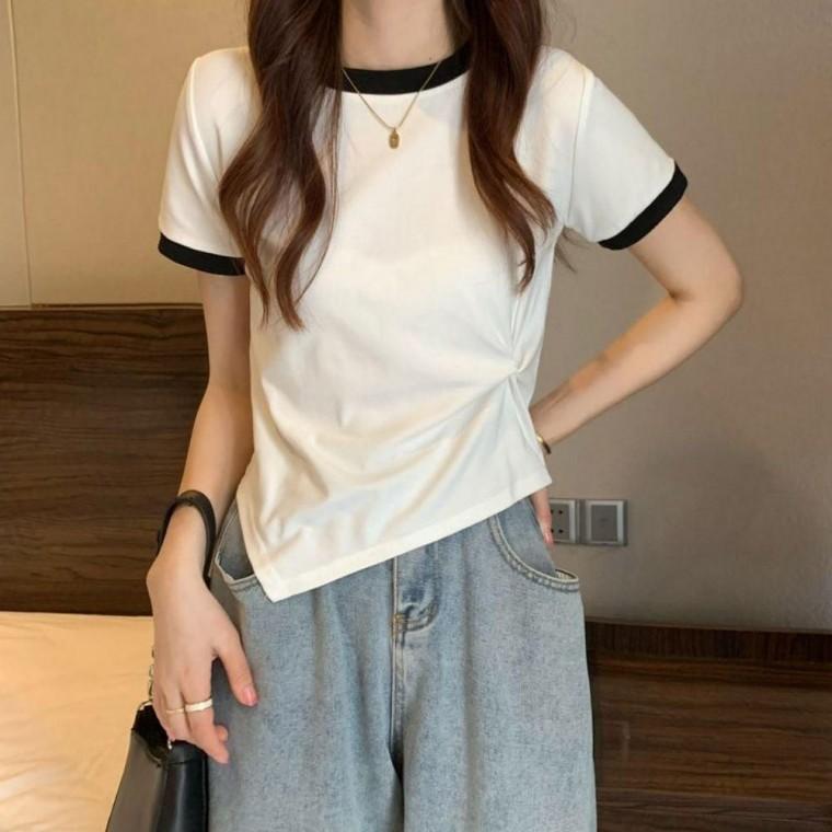 2컬러 여름 유니크 배색 사선 밑단 셔링 반팔티셔츠