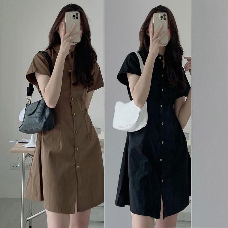 2컬 반팔 셔츠원피스 여름 A라인 미니원피스 허리강조