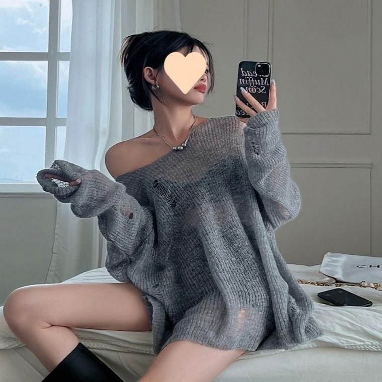 비치는 시스루 니트 긴팔 롱 2색 여름 티셔츠 루즈핏