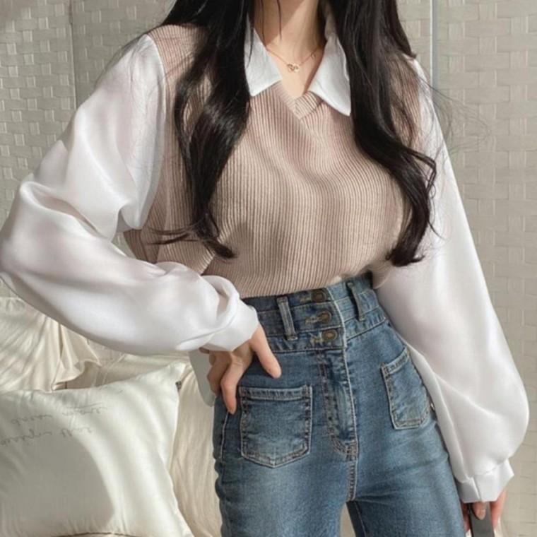 페이크 블라우스 티셔츠 베스트 골지 여자 출근룩