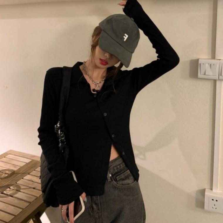 골지 티셔츠 슬림 긴팔 스판 여성 무지 카라 사선