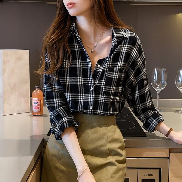 여성 블랙 체크 셔츠 베이직 세미오피스 데일리룩