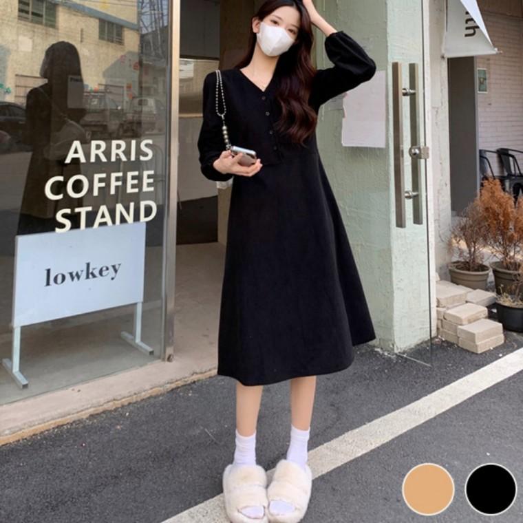 코듀로이 소재 브이넥 매력적인 A라인 허리끈 패션 원피스
