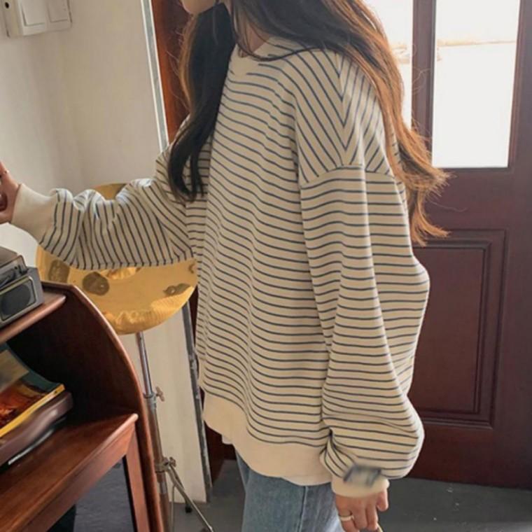 여성 루즈핏 단가라 맨투맨 줄무늬 긴팔 롱슬리브 티셔츠
