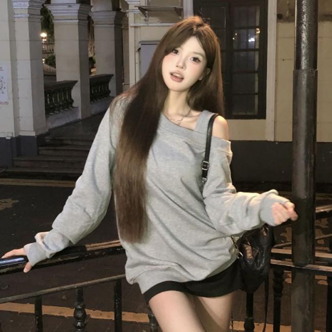 여성 2컬러 원숄더 스트랩 루즈핏 맨투맨 DHH-L01