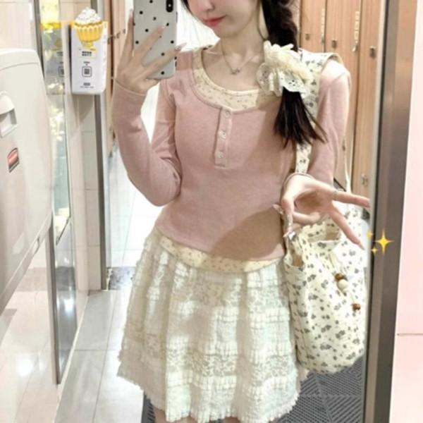레이어드 플라워 골지 버튼 티셔츠 DHH-L03