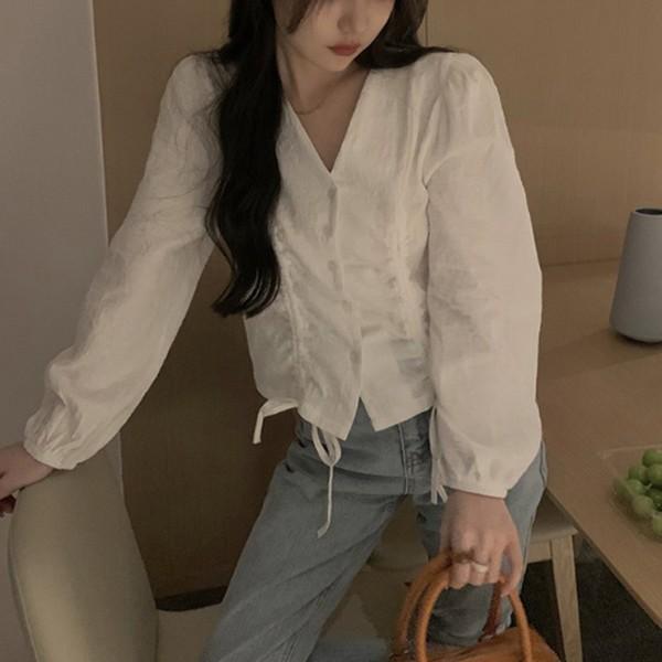 데일리 2컬러 셔링 포인트 블라우스 DHH-L04