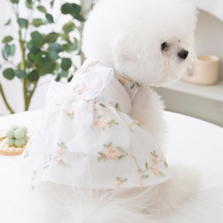 꽃자수 진주 화이트 리본 원피스 강아지 옷 반려견옷