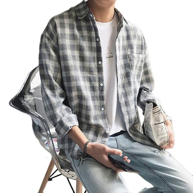 남성 체크 오버핏 긴팔 남방 셔츠