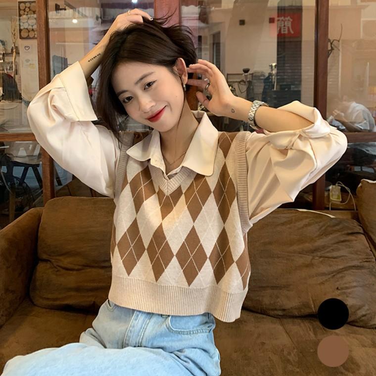 여성 아가일 패터 니트 조끼 브이넥 경량 쪼기