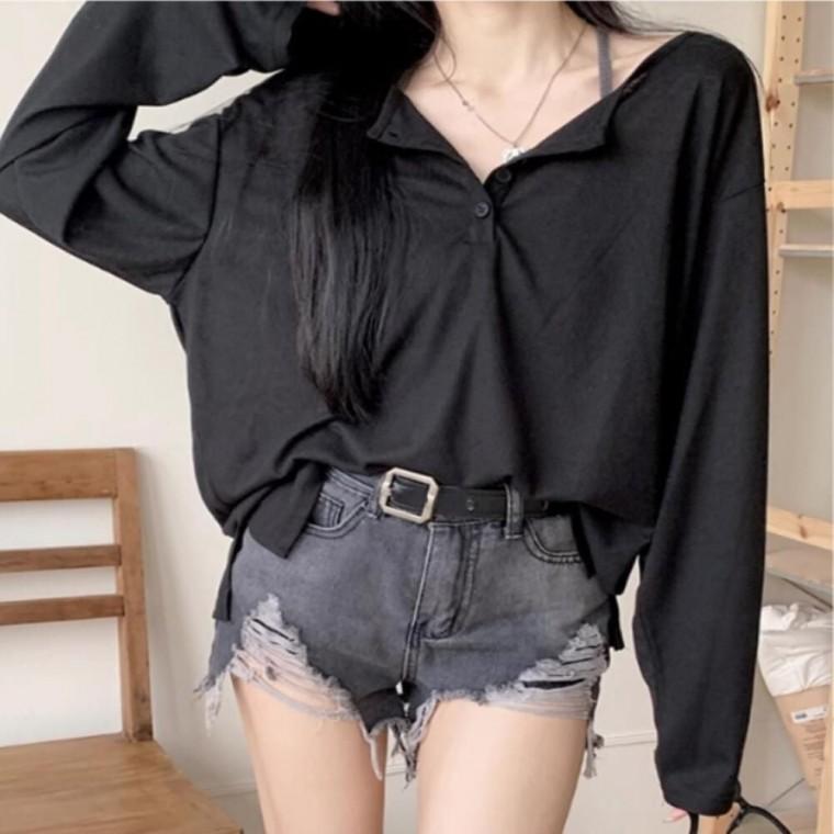 드롭숄더 루즈핏 솔프트골지 헨리넥 여성 긴팔 티셔츠