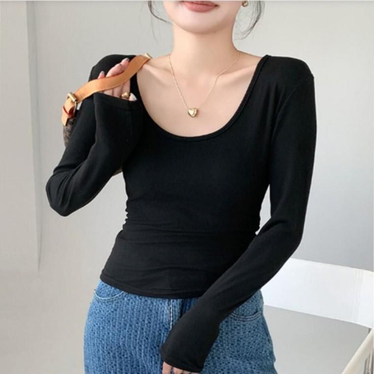 깔끔한 디자인 가볍고 따뜻한 여성용 U 넥 긴팔티셔츠