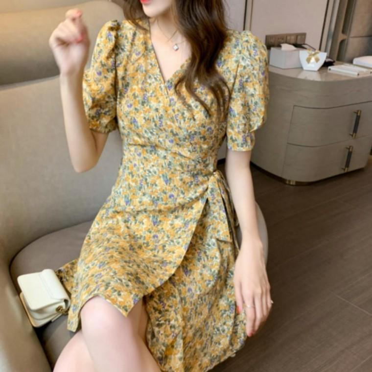 원피스 랩 반팔 브이넥 여성 치마 A라인 꽃무늬