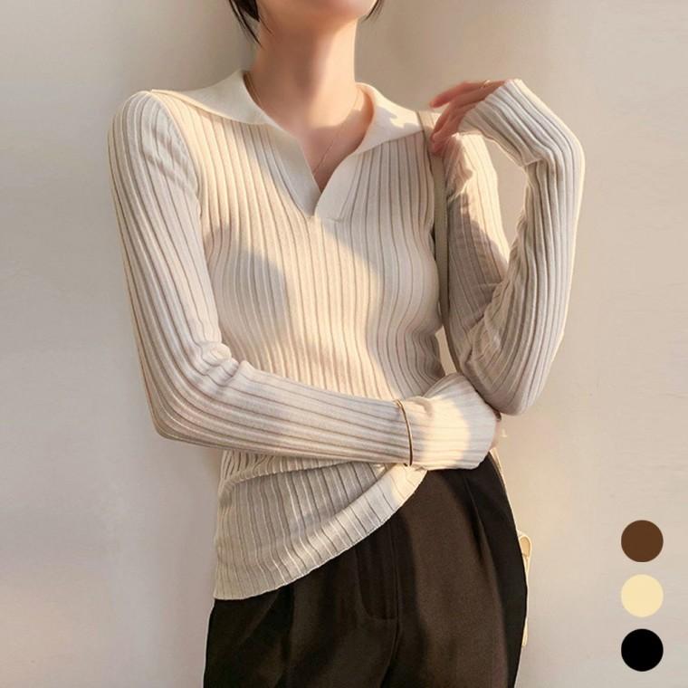 여성 오오티티 브이넥 카라 골지 긴팔 티셔츠