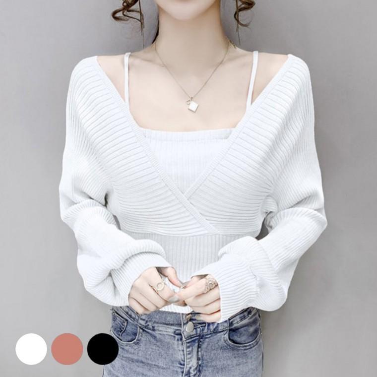 랩스타일 니트티 스퀘어 나시 일체형 퍼프 소매 긴팔티