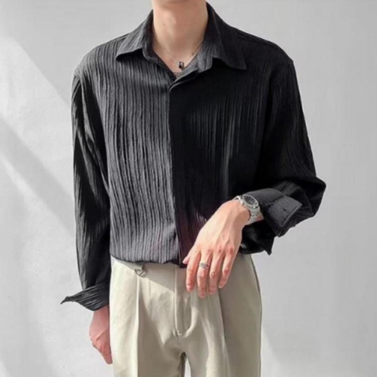 남자 찰랑 간절기 세로 패턴 남방 히든 버튼 긴팔 셔츠