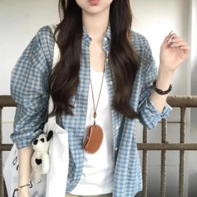 여성 간절기 캐주얼 블루 체크 루즈핏 오버핏 남방 셔츠