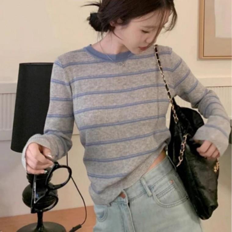 여성 슬림핏 긴팔 스트라이프 니트 골지 티셔츠 2컬러