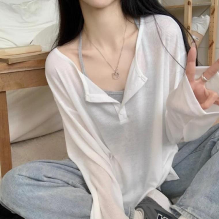 여성 데일리 슬림핏 루즈핏 긴팔 시스루 헨리넥 티셔츠