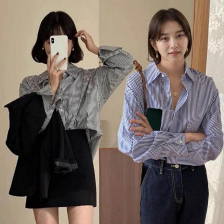 여성 블루 스트라이프 긴팔 셔츠 카라 클래식 남방 여자