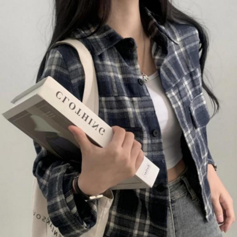 여성 체크 패턴 크롭 셔츠 빈티지 데일리 남방 셔츠 데일리